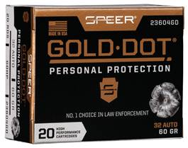 Speer 23604GD Gold Dot Personal Protection 32 ACP 60 gr Hollow Point (HP) 20 Per Box/10 Cs
